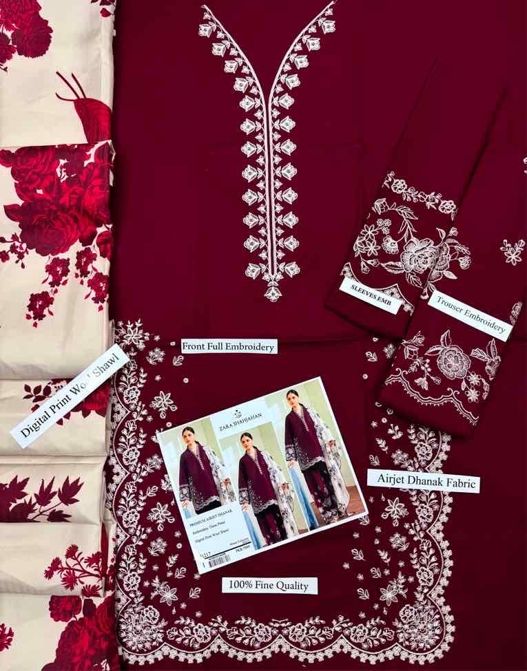 Rich colored dhanak unstitched 3 piece suit for winter