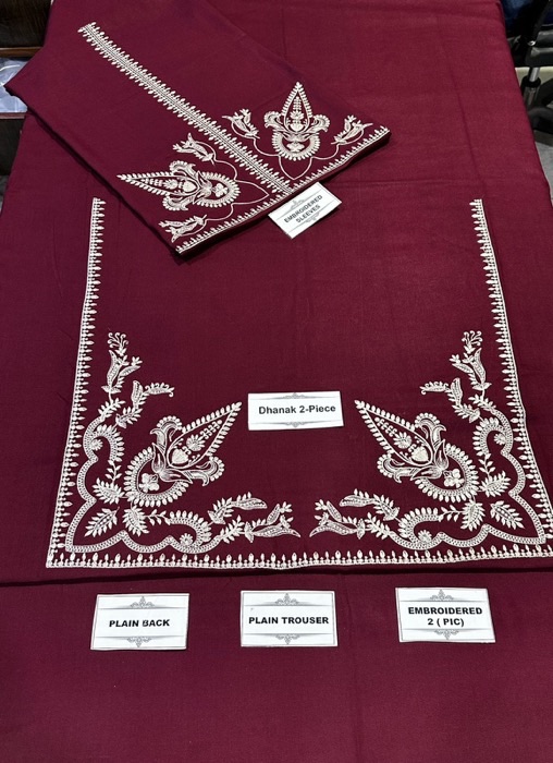 342 fine thread work on pure dhanak unstitched dress by Kameez Shop