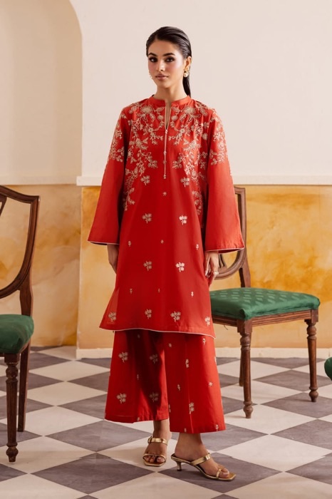 334 heavy daman and sleeves work unstitched dress by Kameez Shop