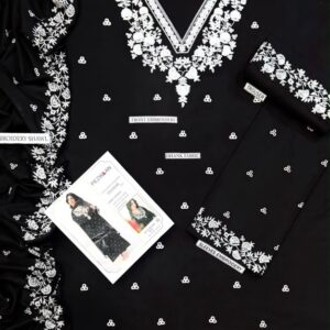 Unstitched embroidered front dhanak shirt with dyed trousers