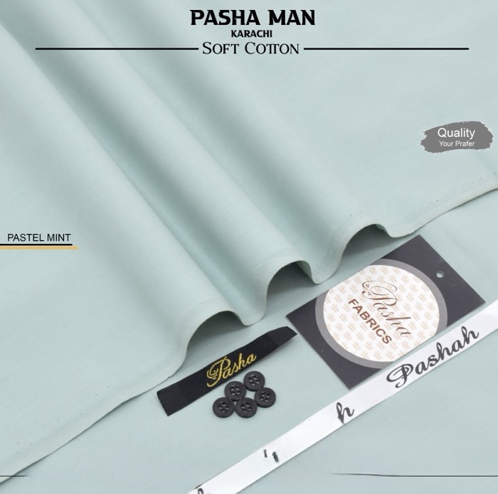 Premium men's soft cotton fabric by Pasha with brand card