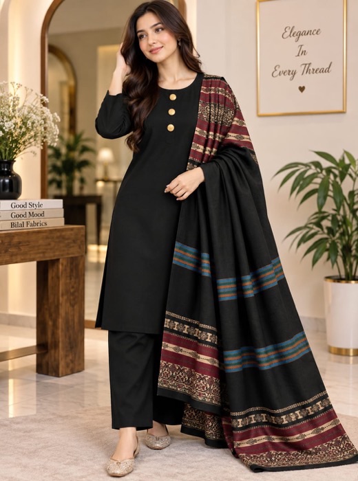 Elegant Plum Winter Dress - Printed 3 Piece Kameez